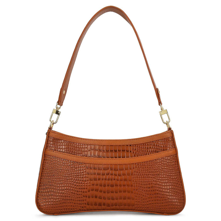 Small Croco Leather Baguette - Cognac