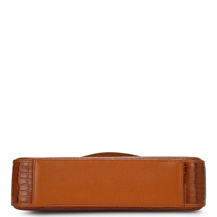Small Croco Leather Baguette - Cognac