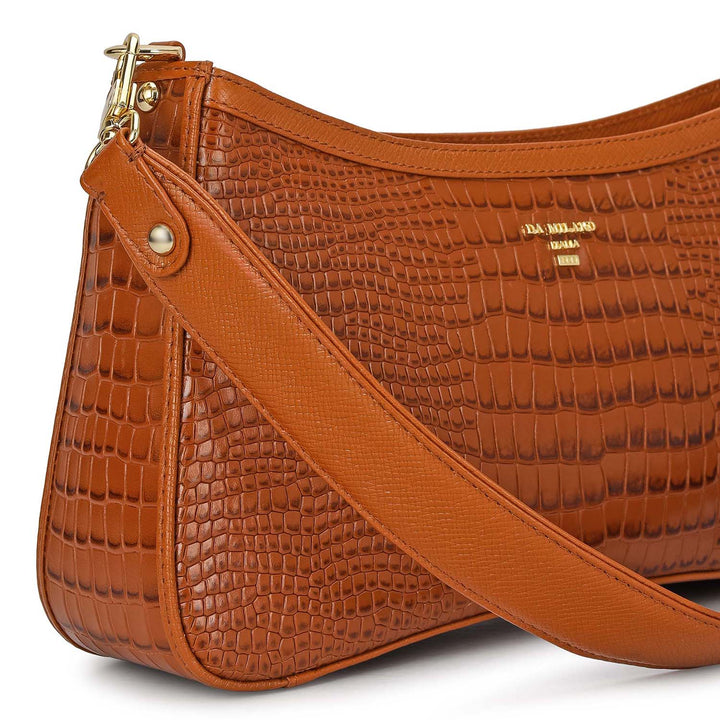 Small Croco Leather Baguette - Cognac