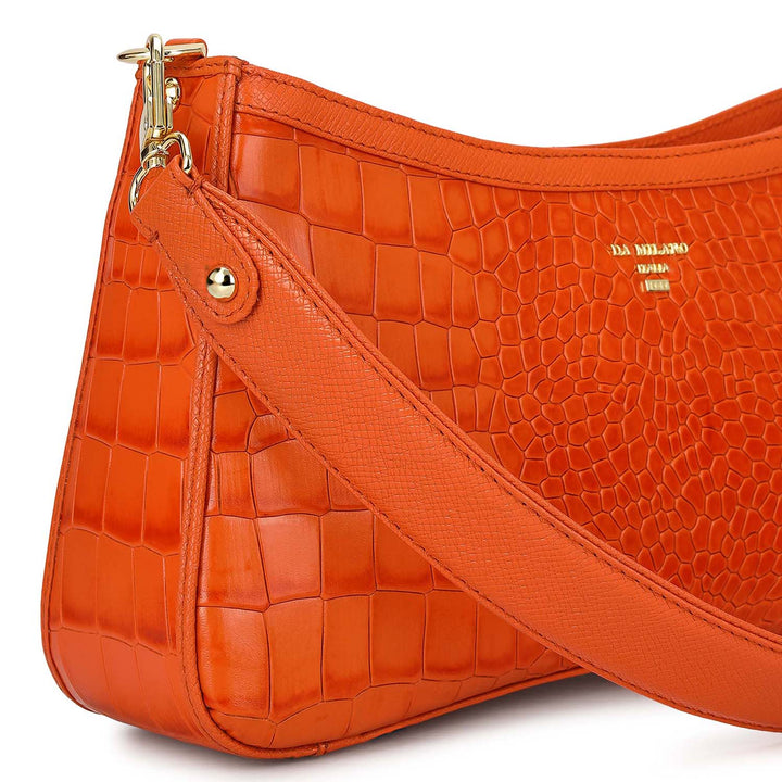 Small Croco Leather Baguette - Pumpkin