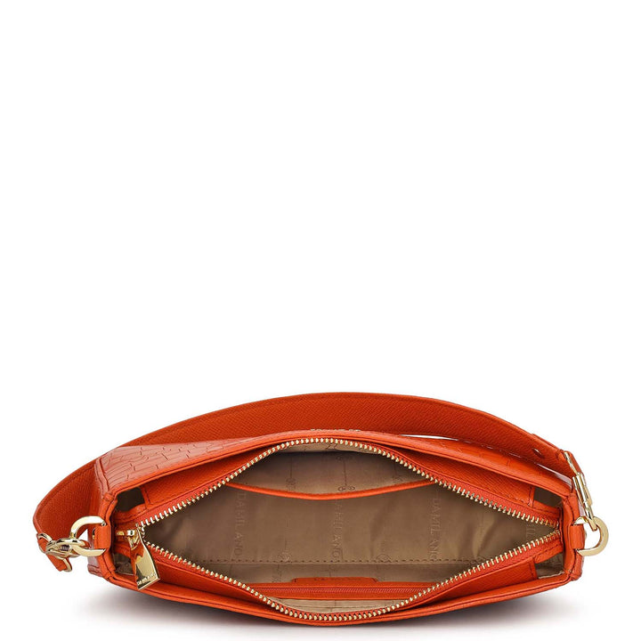Small Croco Leather Baguette - Pumpkin
