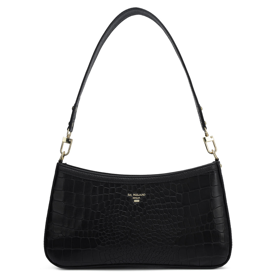 Small Croco Leather Baguette - Black