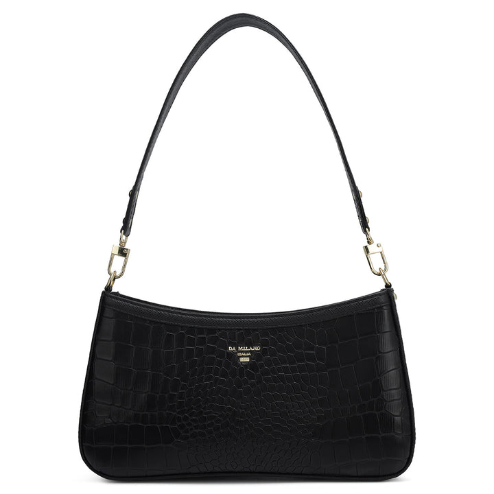 Small Croco Leather Baguette - Black