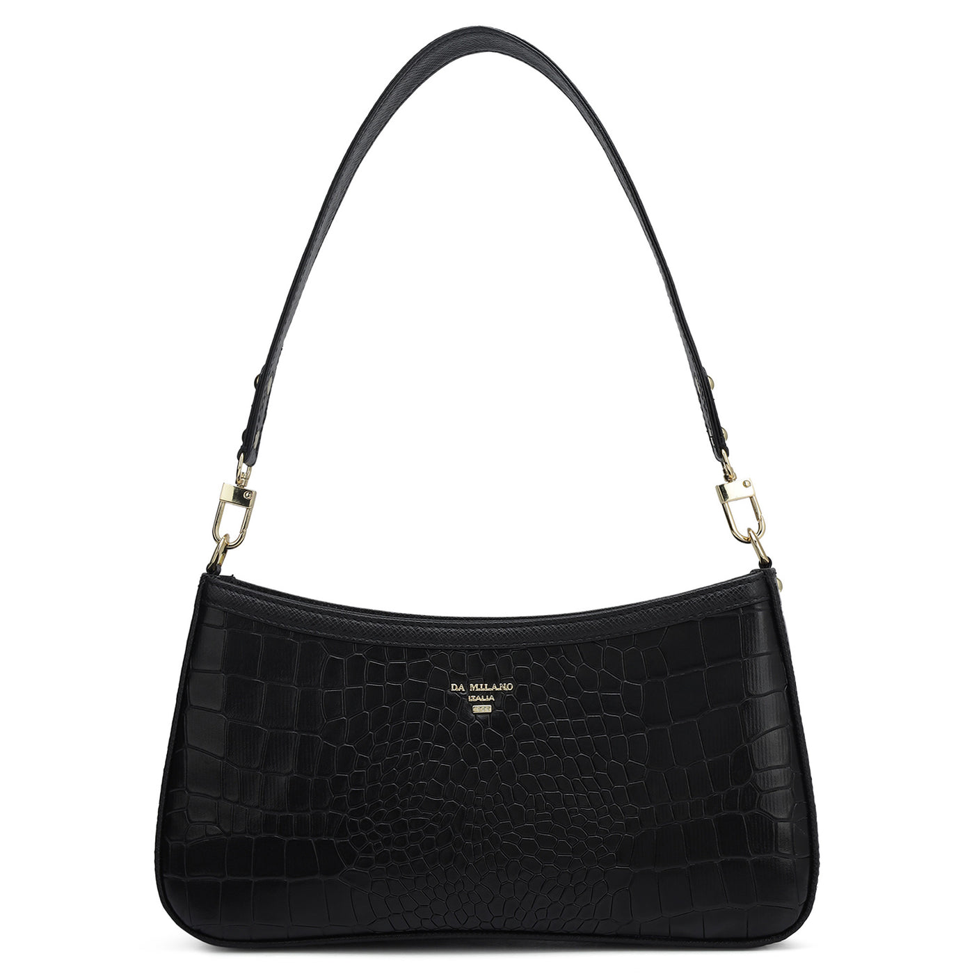Small Croco Leather Baguette - Black