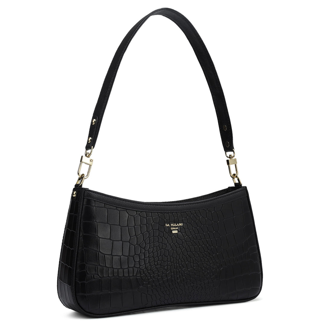 Small Croco Leather Baguette - Black