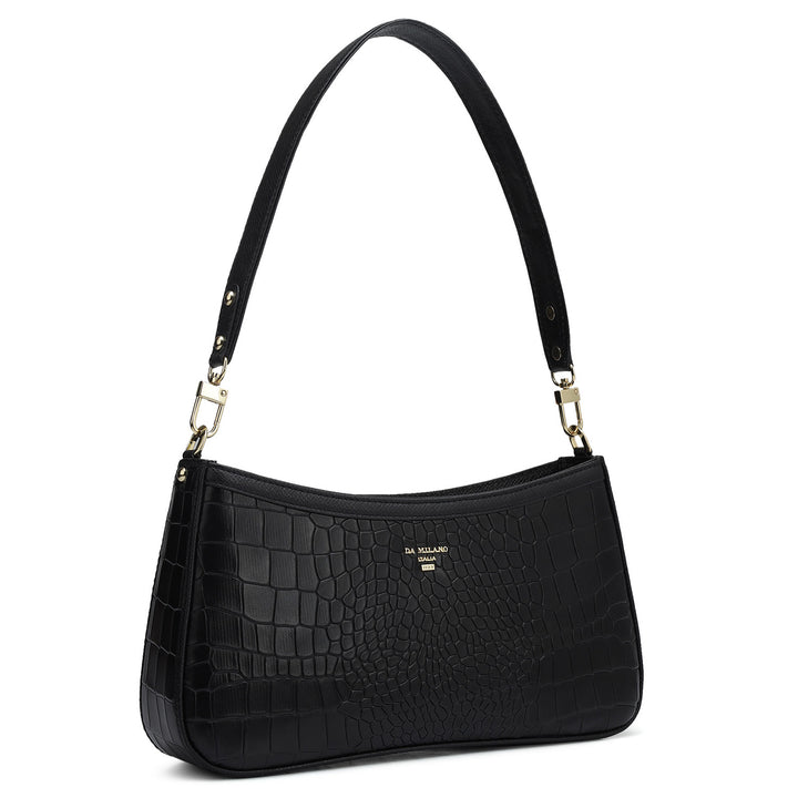 Small Croco Leather Baguette - Black