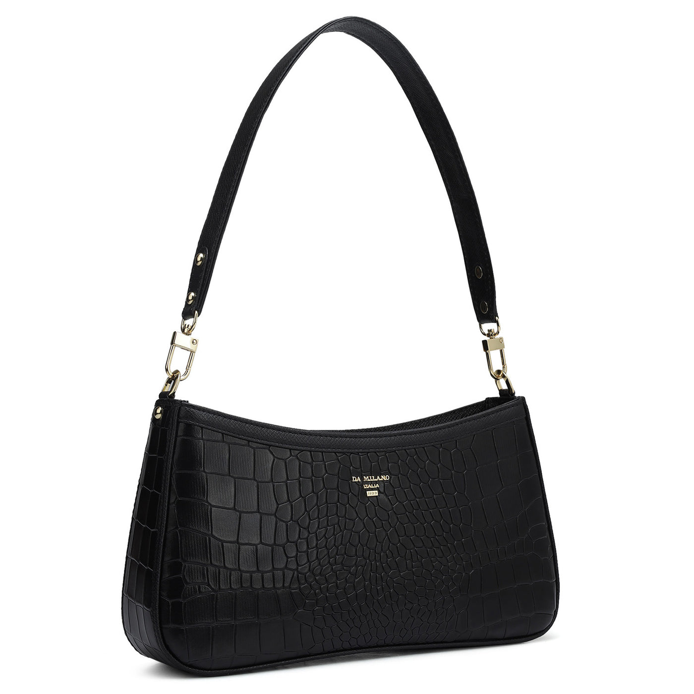 Small Croco Leather Baguette - Black