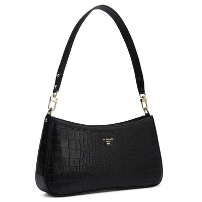 Small Croco Leather Baguette - Black