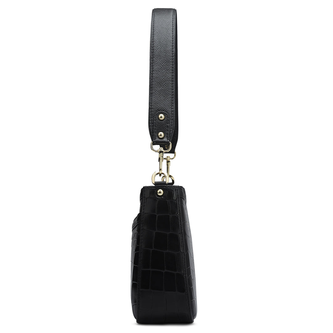 Small Croco Leather Baguette - Black