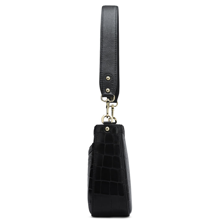 Small Croco Leather Baguette - Black