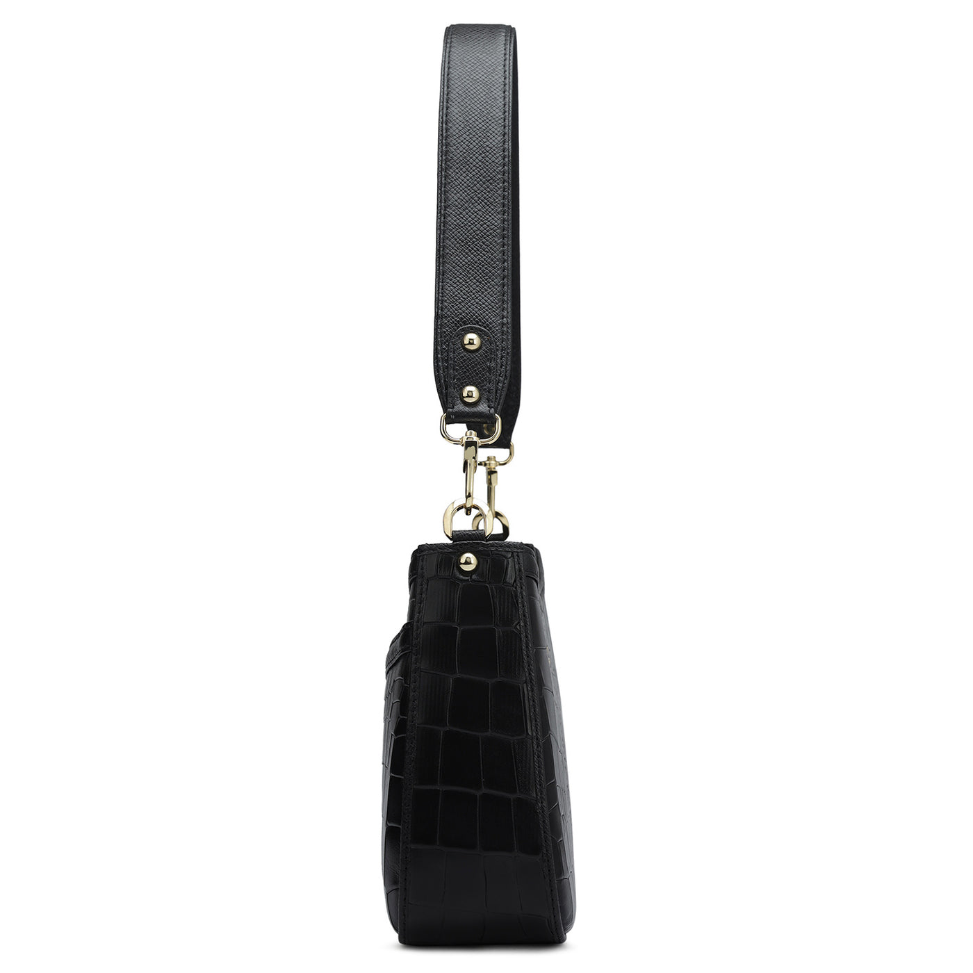 Small Croco Leather Baguette - Black