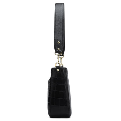 Small Croco Leather Baguette - Black