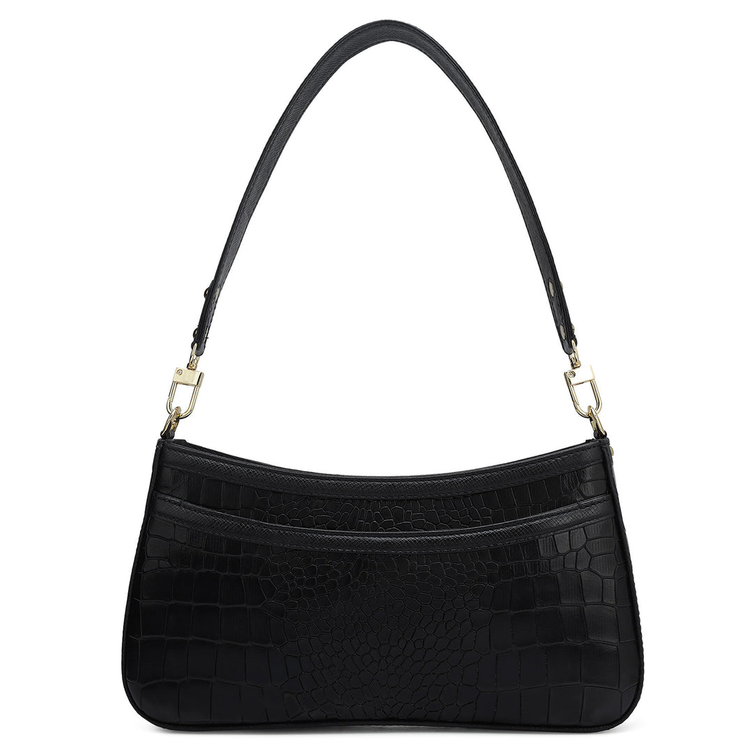 Small Croco Leather Baguette - Black