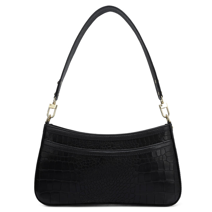 Small Croco Leather Baguette - Black