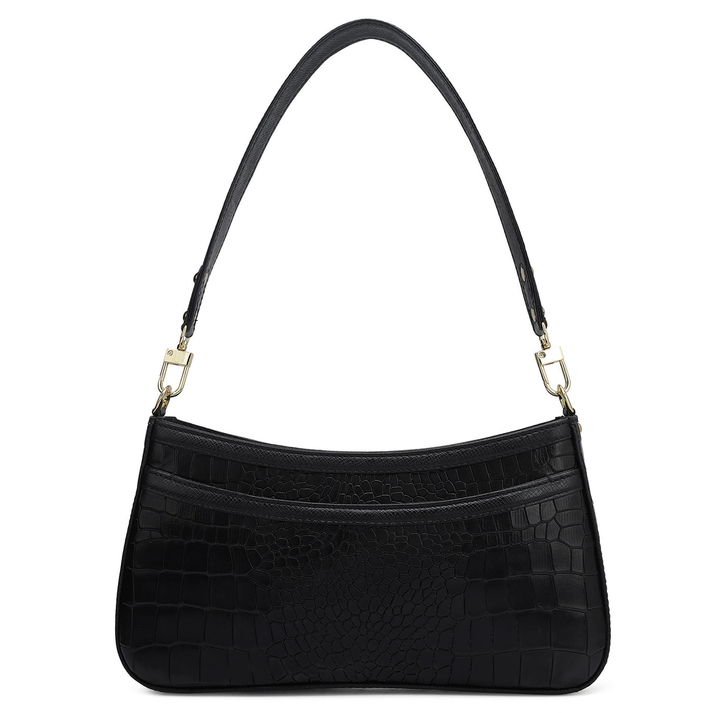 Small Croco Leather Baguette - Black