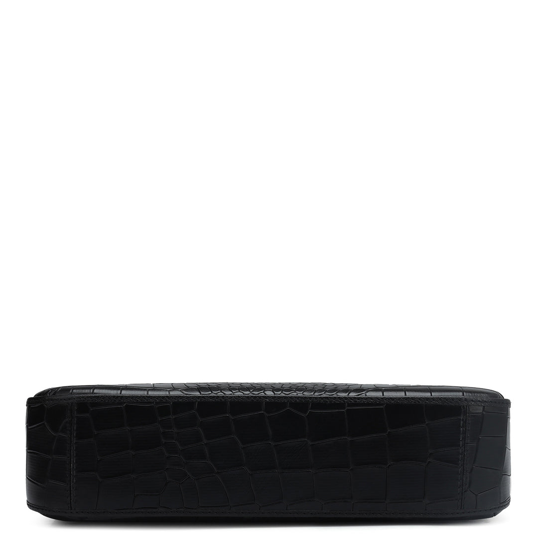 Small Croco Leather Baguette - Black