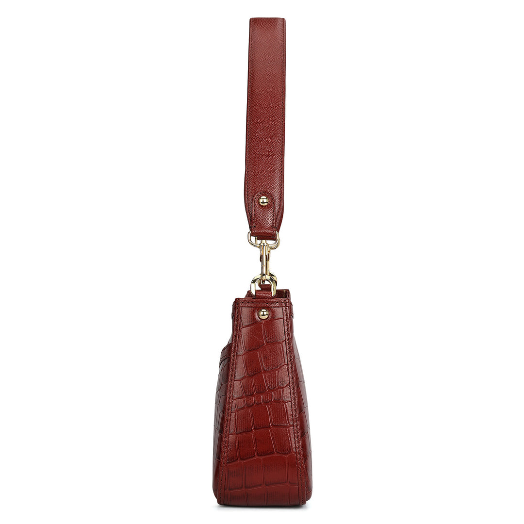 Small Croco Leather Baguette - Cherry