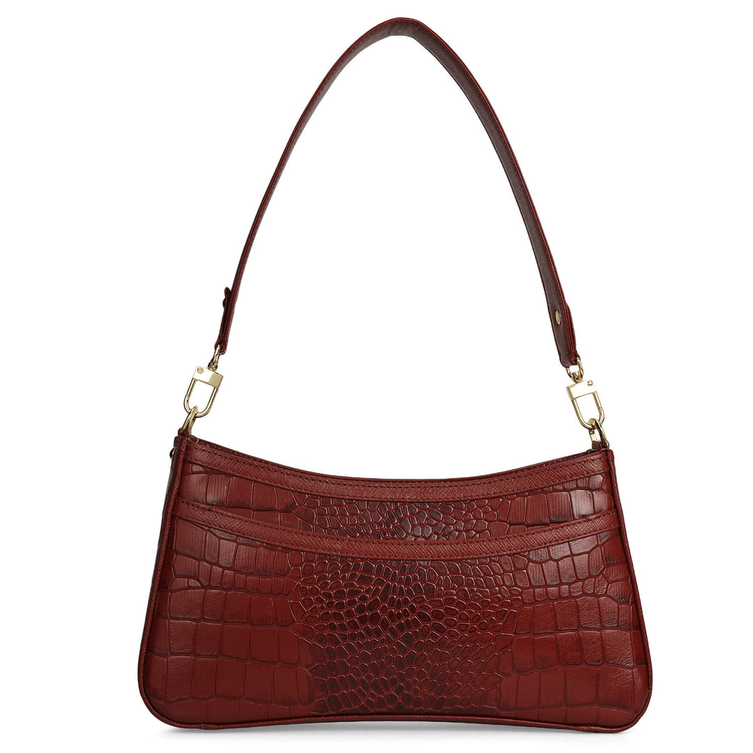 Small Croco Leather Baguette - Cherry