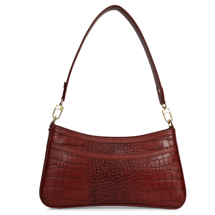Small Croco Leather Baguette - Cherry