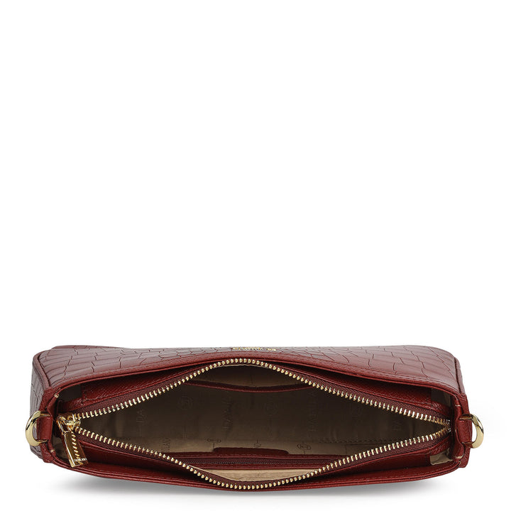 Small Croco Leather Baguette - Cherry