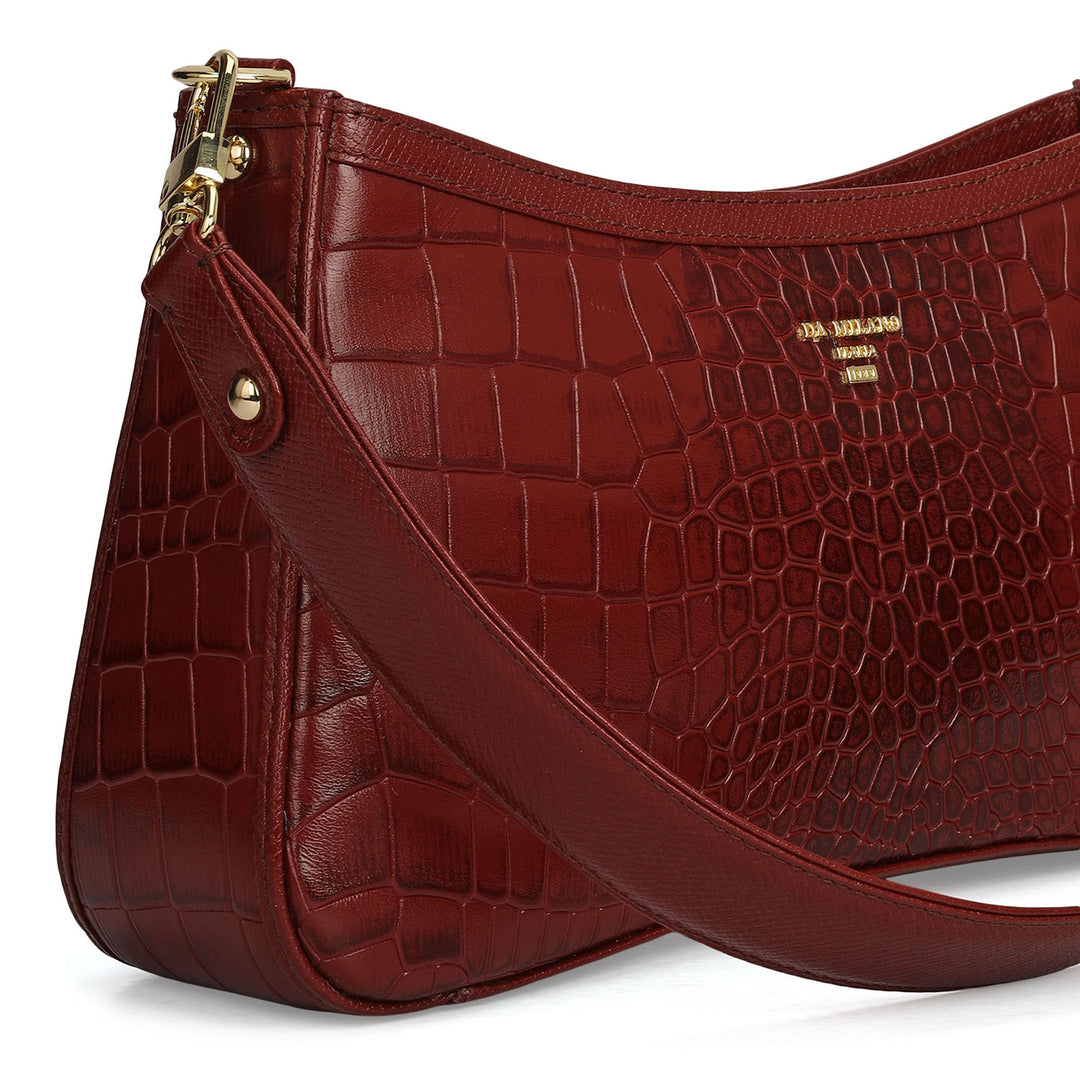 Small Croco Leather Baguette - Cherry