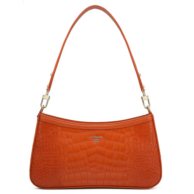 Small Croco Leather Baguette - Pumpkin