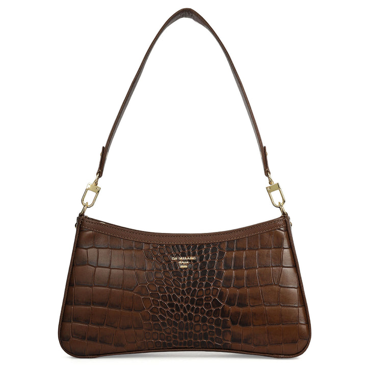 Small Croco Leather Baguette - Walnut