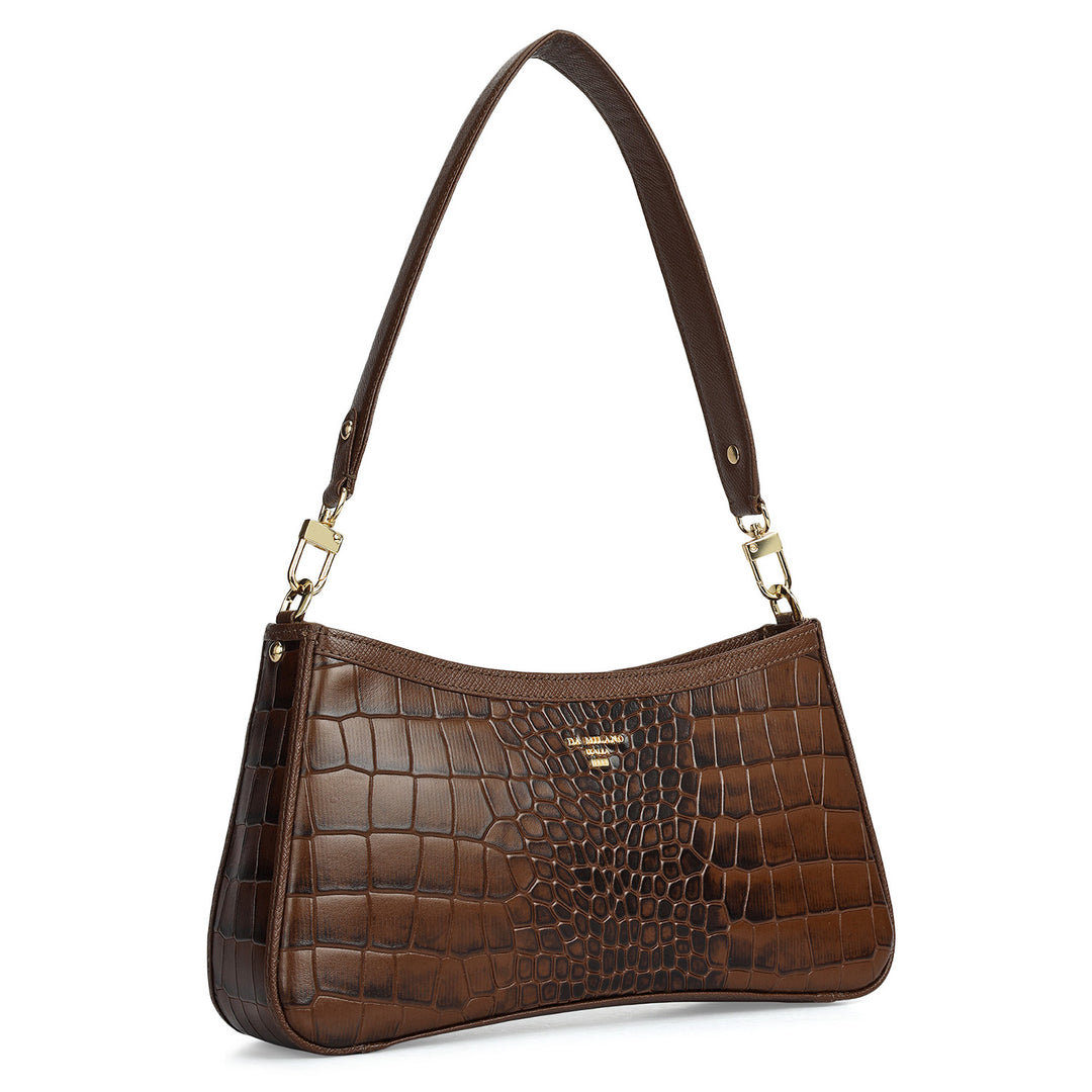 Small Croco Leather Baguette - Walnut