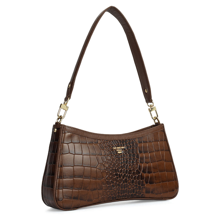 Small Croco Leather Baguette - Walnut