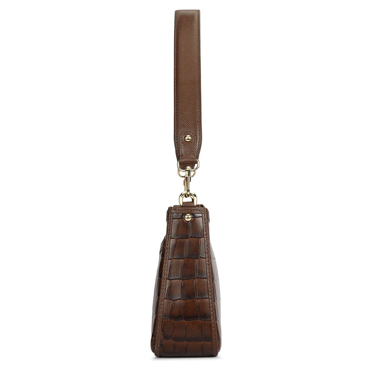 Small Croco Leather Baguette - Walnut