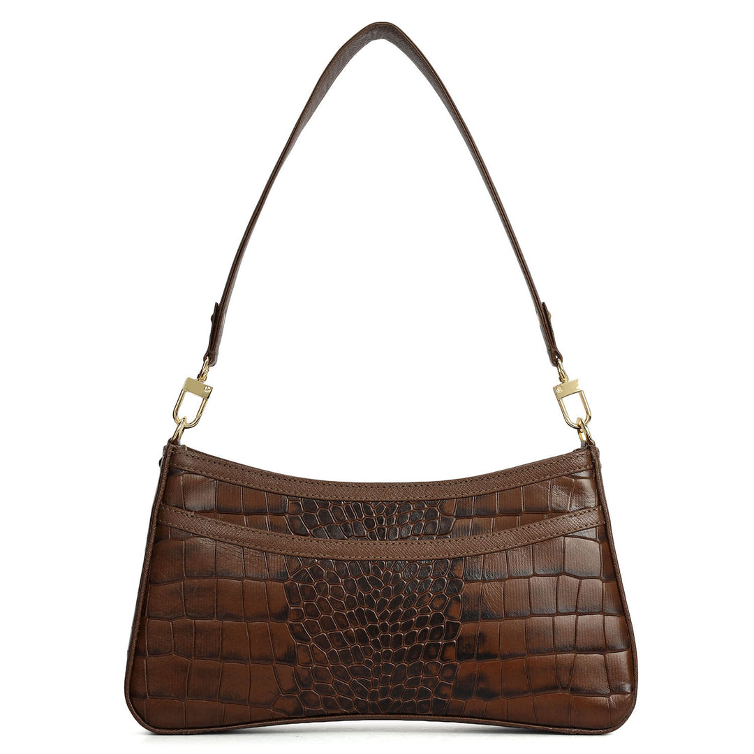 Small Croco Leather Baguette - Walnut