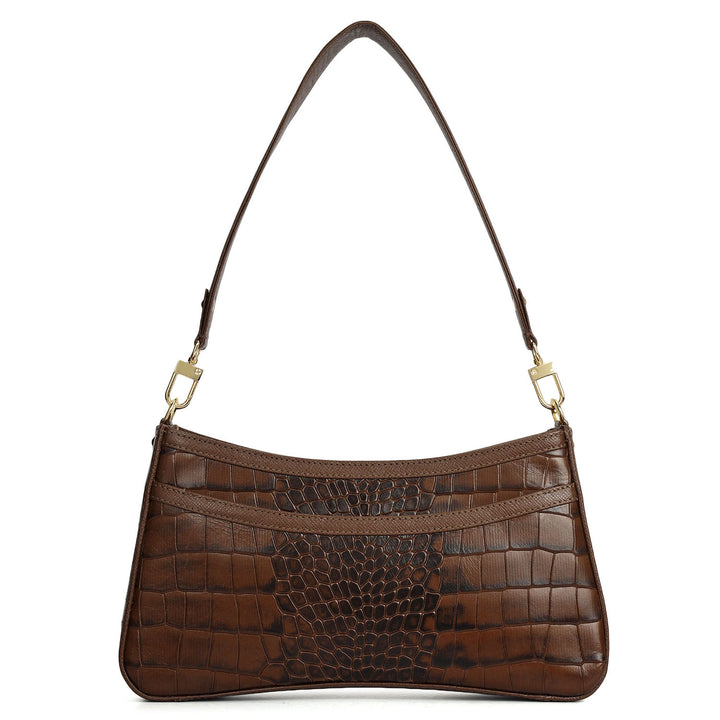 Small Croco Leather Baguette - Walnut