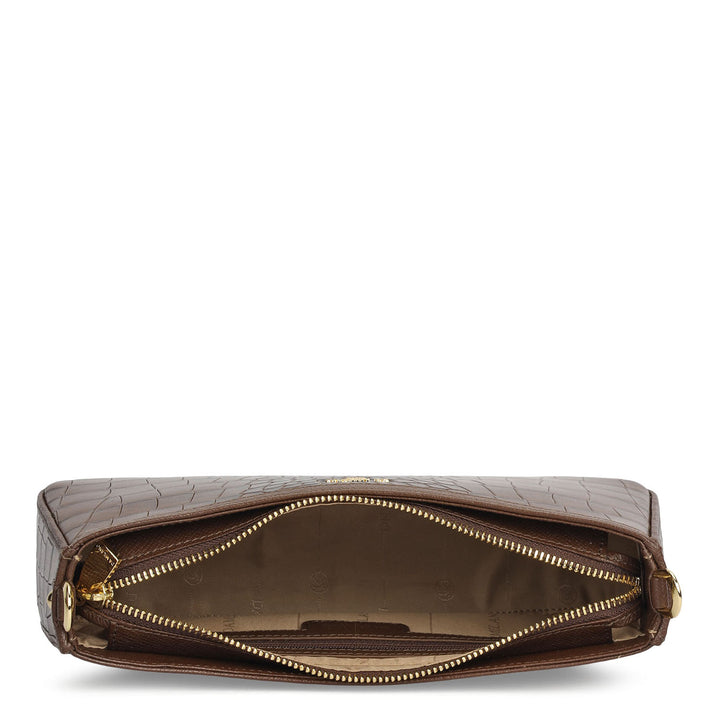 Small Croco Leather Baguette - Walnut