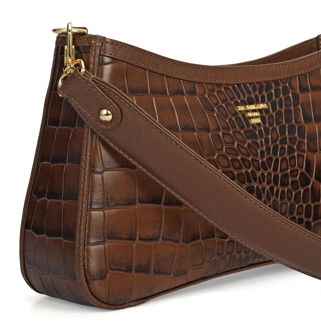 Small Croco Leather Baguette - Walnut