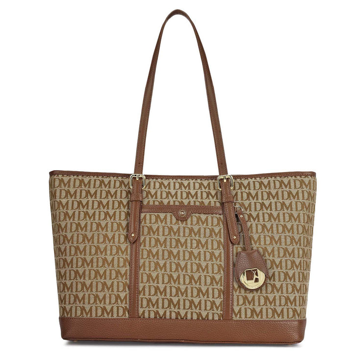 Large Canvas Wax Leather Tote - Beige & Espresso