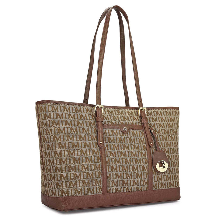 Large Canvas Wax Leather Tote - Beige & Espresso