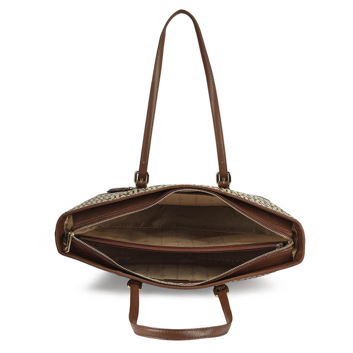 Large Canvas Wax Leather Tote - Beige & Espresso