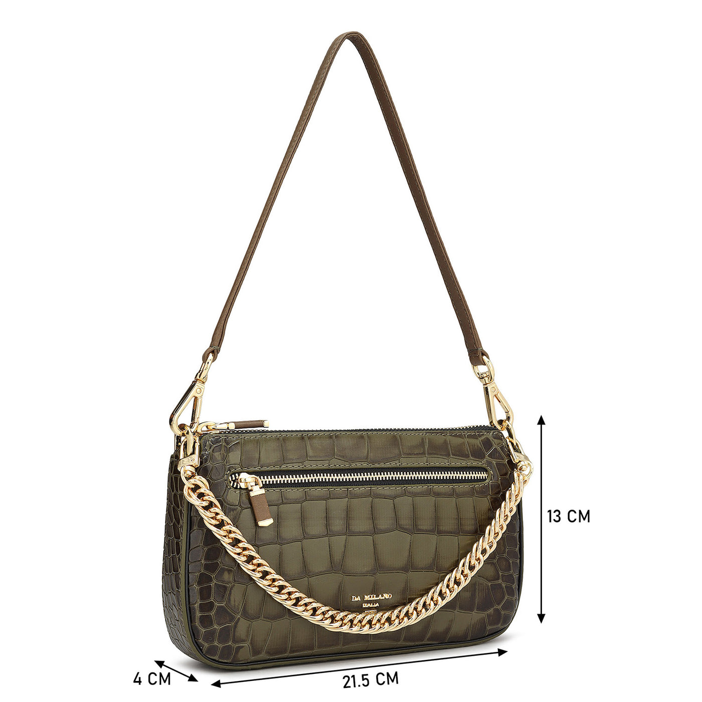 Small Croco Leather Baguette  - Military Green