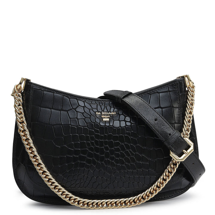 Small Croco Leather Baguette - Black