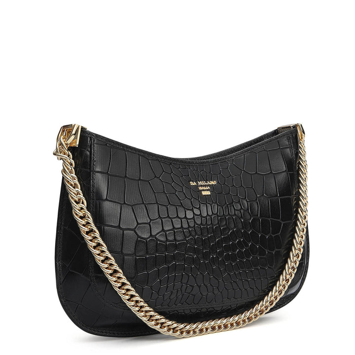 Small Croco Leather Baguette - Black