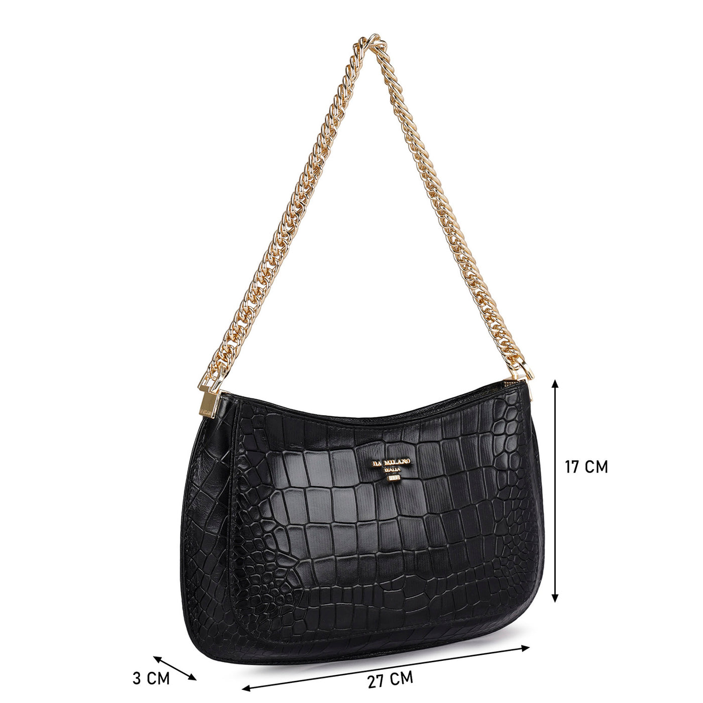 Small Croco Leather Baguette - Black