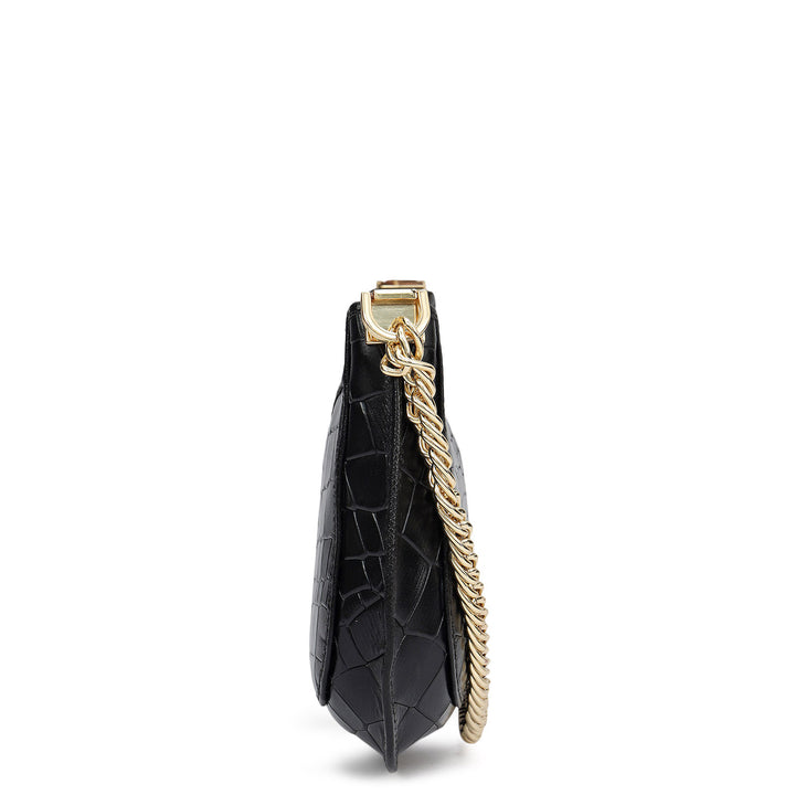 Small Croco Leather Baguette - Black