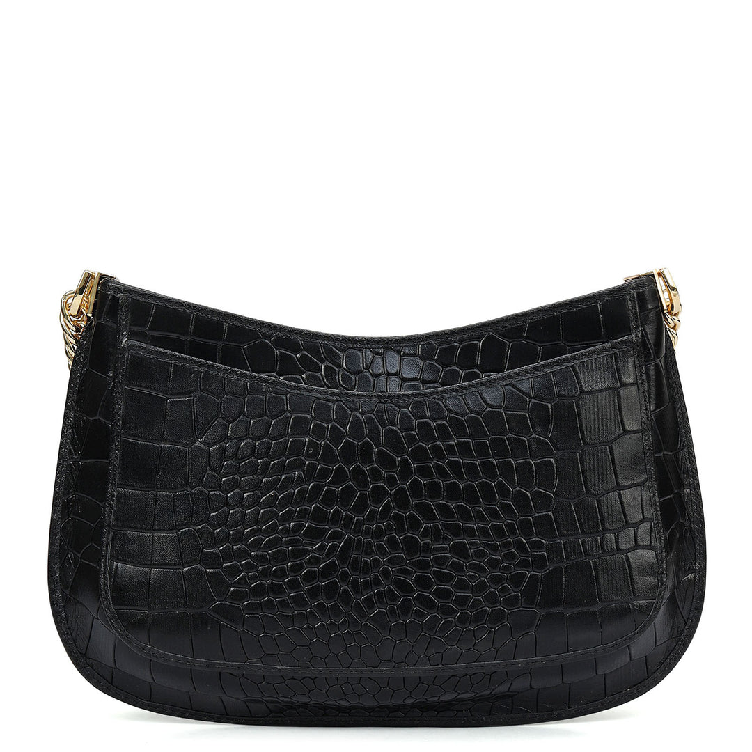Small Croco Leather Baguette - Black