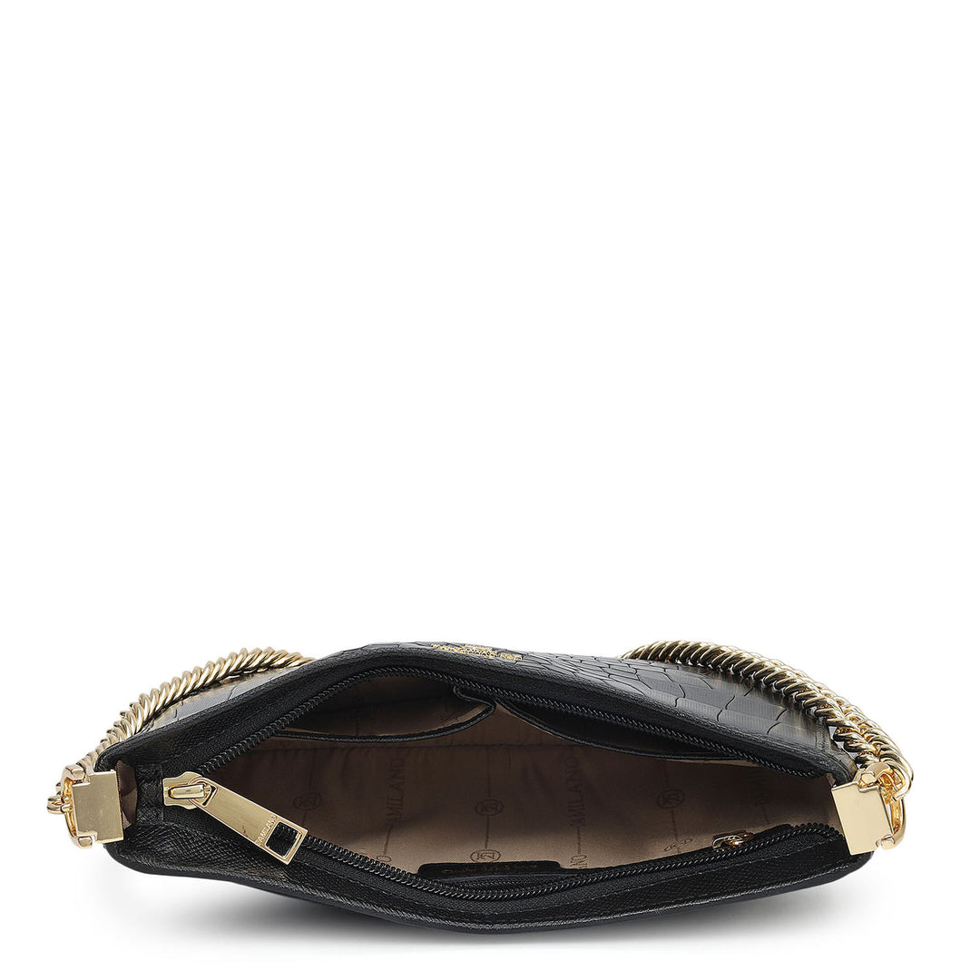 Small Croco Leather Baguette - Black