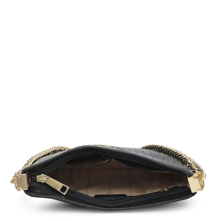 Small Croco Leather Baguette - Black