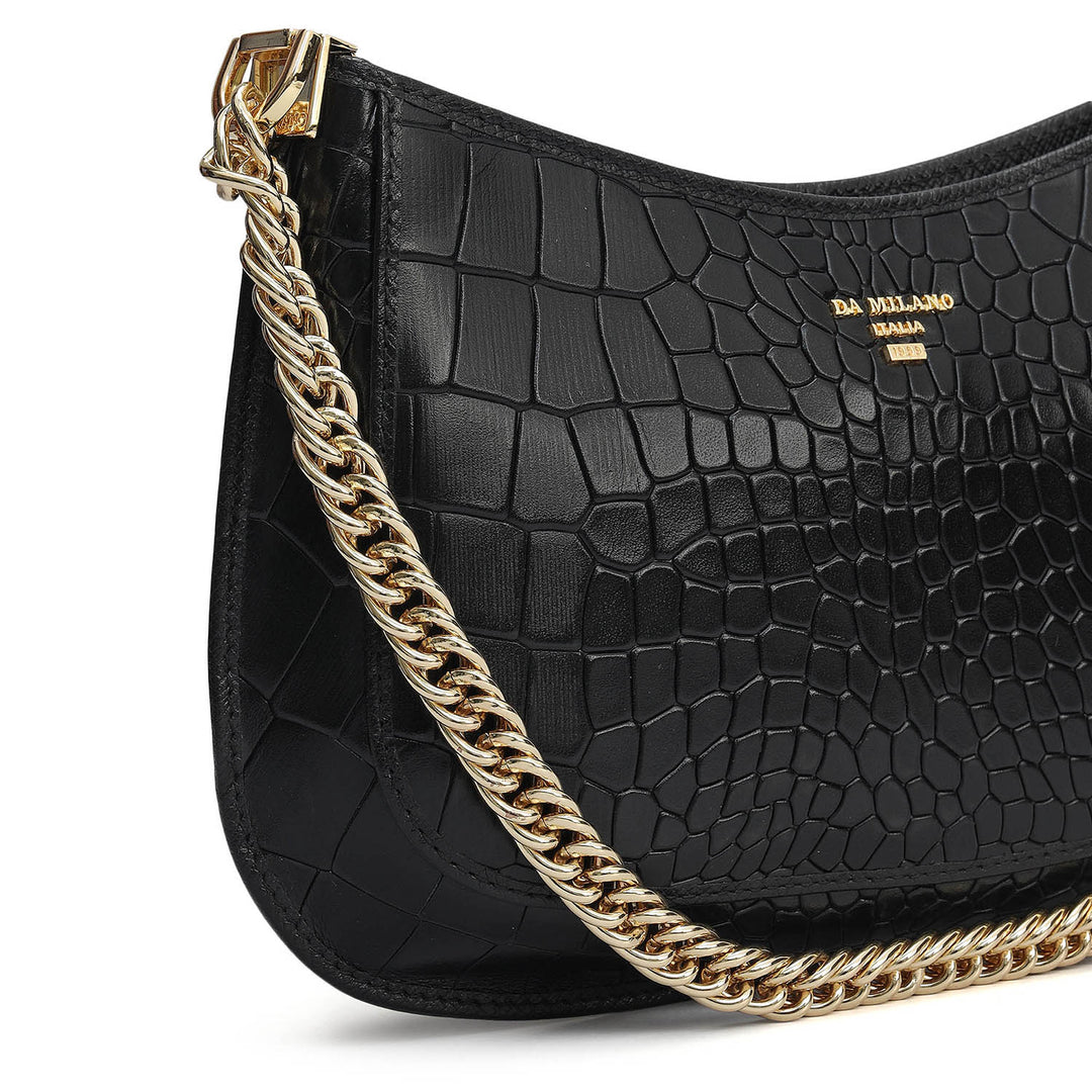 Small Croco Leather Baguette - Black