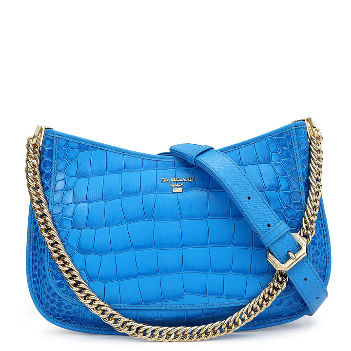 Small Croco Leather Baguette - Blue