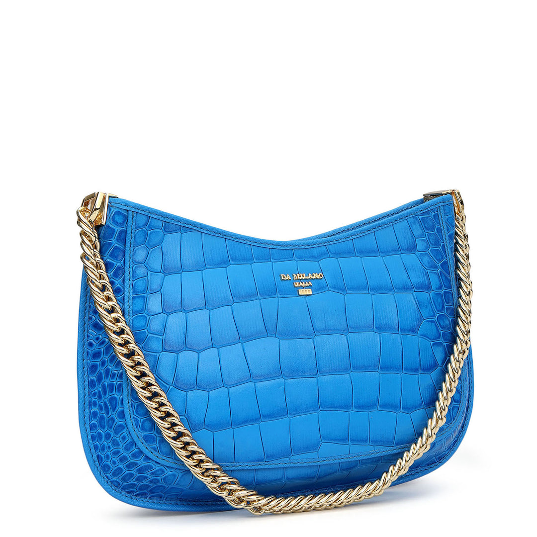 Small Croco Leather Baguette - Blue