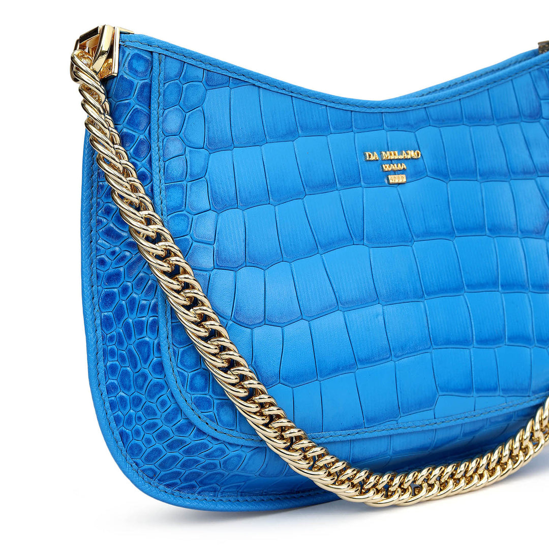 Small Croco Leather Baguette - Blue