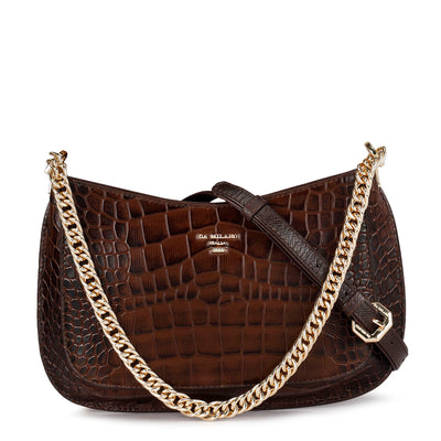 Small Croco Leather Baguette - Brown